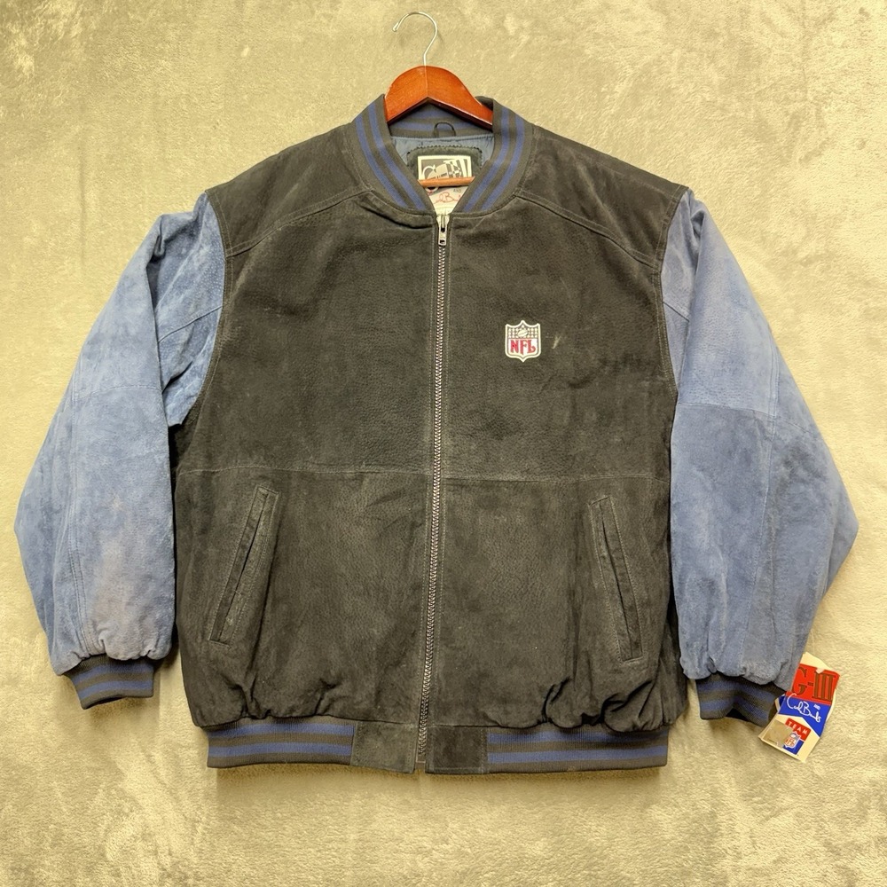 Vintage G-III Carl Banks NFL  Jacket Mens XL Black Blue Leather Suede Bomber